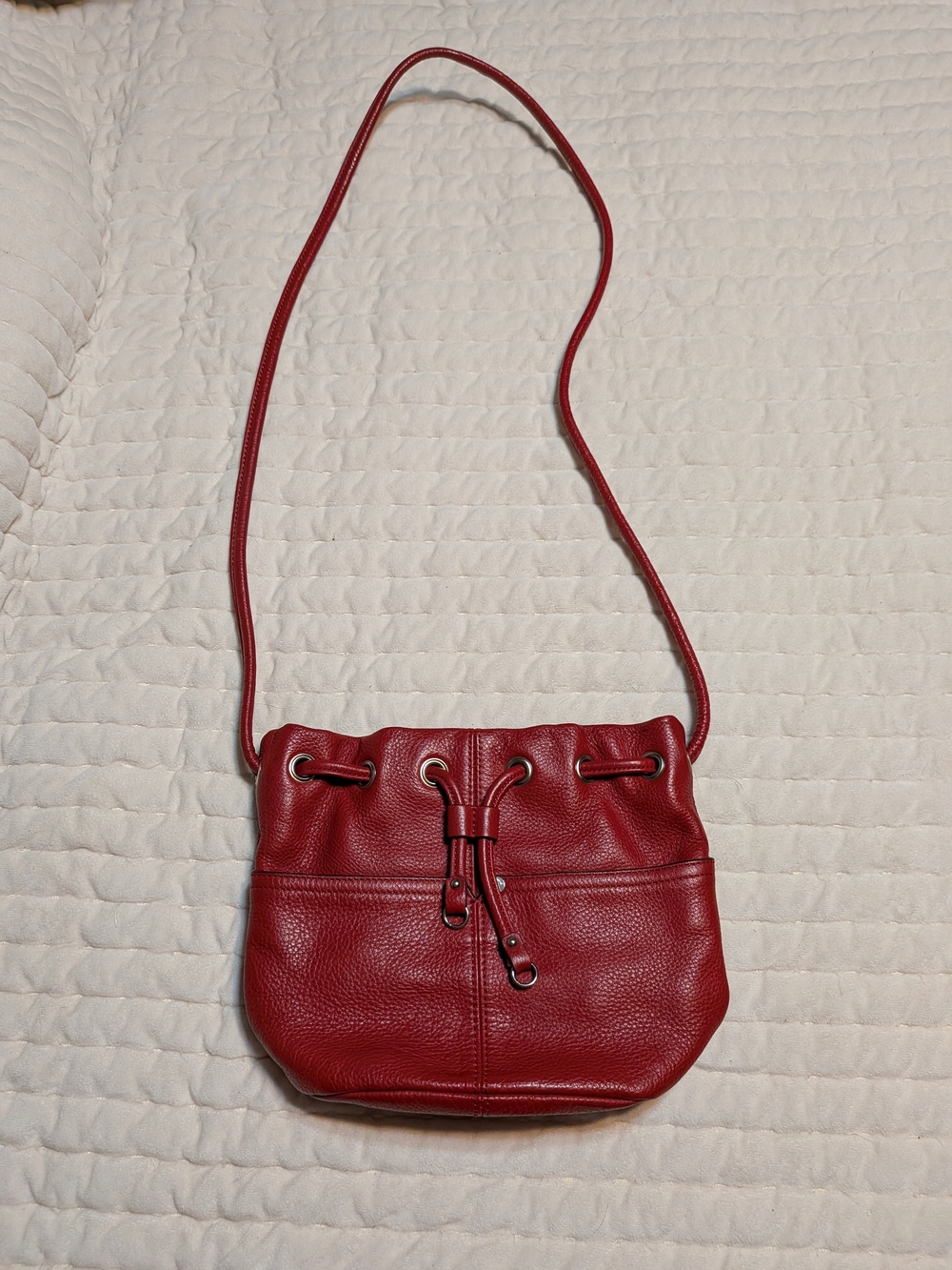 Red Leather Drawstring Crossbody Bag